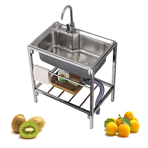 Fregadero portátil de acero inoxidable para exteriores, para bares, hoteles y hogares, incluye desagüe y grifo, 70 x 46 cm, ideal para uso en exteriores