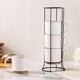 GBHOME 12OZ Stackable Coffee Mugs with Stand, Ceramic Coffee Mugs with Texture Patterns for Man,Woman,Dad,Mom, Modern Coffee Cups Set of 4 for Latte/Cappuccino/Cocoa. Dishwasher&Microwave Safe