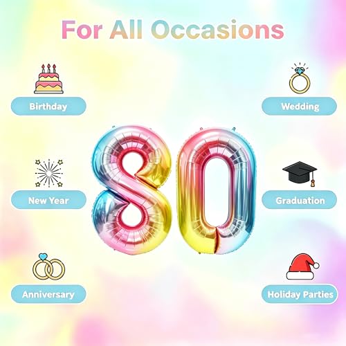 Image of Rainbow Number Balloons Birthday Balloons - Giant Number 80 Balloon 40 inch, Numbers Balloon Birthday Decorations, Rainbow Party Supplies for Baby Shower