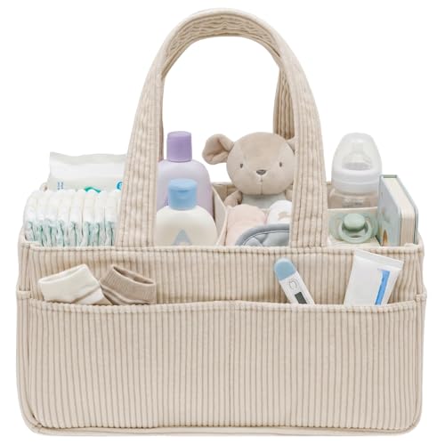 MENIBBLER Baby Nappy Caddy Organiser Portable Corduroy Nursery Diaper Storage Basket with Handle Multi Compartment Baby Diaper Caddy Organizer Newborn Essentials Nursery Shower Gifts for Boys Girls