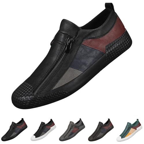 Mocassins en cuir à enfiler pour homme - Coupe large - Avec fermeture éclair - Confortables et légers - Bout rond - Semelle souple - Antidérapants - Pour la marche...