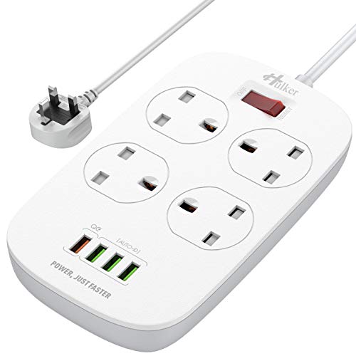 HULKER Extension lead with USB slots 13A Power Strips 4 Way 4 USB Ports Surge Protector Smart Extension Lead UK Power Strips with 2M Bold Extension cord (13A 3250W)