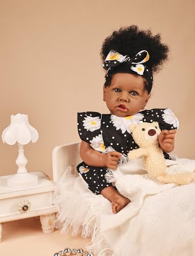 Image of HOOMAI Reborn Baby Black Dolls African American Lifelike Silicone Doll Realistic 22.8 Inch with Cloth Body Birthday Gift Set