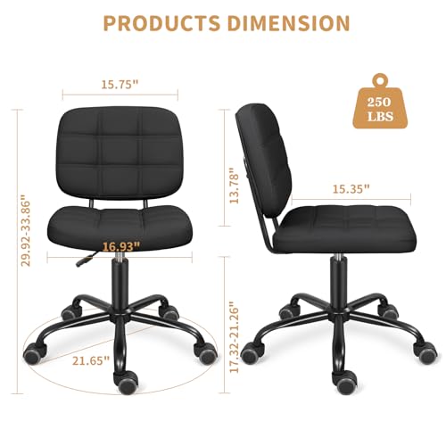 Image of Armless Office Chair with Wheels, Small Desk Chair for Apartment - Black | Adjustable Height, 250lb Weight Capacity, PU Leather, Fits Under Desk