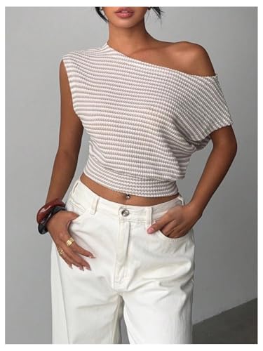 GORGLITTER Women's Off The Shoulder Striped Crochet Sweater Cap Sleeve Asymmetrical Knit Business Casual Pullover Top3