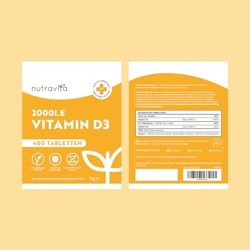 Nutravita Vitamin D3 2000 I.E - 400 Vit D Tabletten, 1+ Jahr - Vegetarisch - Hochdosiert Sonnenvitamin für Immunsystem, Knochen, Zähne & Muskeln - Vitamin D hochdosiert - Laborgeprüft Cholecalciferol