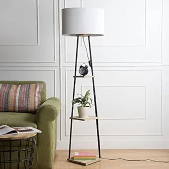 SANDED EDGE - SMARTLY PRICED Midwest 3 Tier Shelf Storage Floor Lamp in Natural Wood and Black Metal Legs and Oval Shape Shade in Offwhite Color for Home, Living Rooms, Bedroom, Office, Gift (Pack of 1)Offwhite