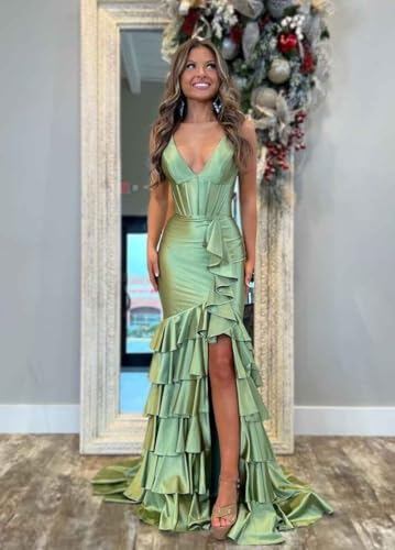 Mermaid Prom Dresses for Women Tiered Formal Dress with Slit Satin Evening Gowns3