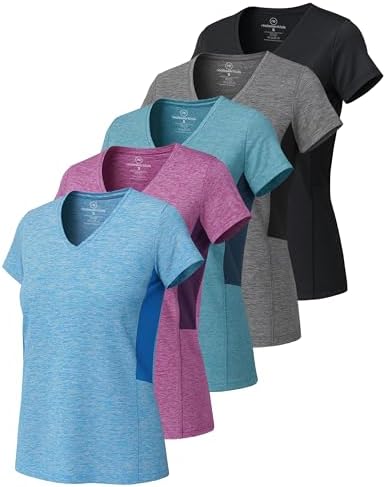 5-Pack Women's Short Sleeve V-Neck Activewear T-Shirt Dry-Fit Moisture Wicking Perfomance Yoga Top (Available in Plus Size)