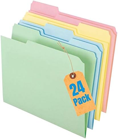 1InTheOffice File Folders, Colored File Folders Letter Size, Top-Tab File Folders, 3 Tab, 5 Assorted Pastel File Folders, 24/Pack