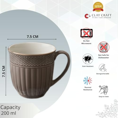 Image of Clay Craft Fine Ceramic Tea Cups Set of 6| 200 Ml Elegant Textured Cups with Comfortable Handle | Ideal for Tea| Coffee| Home Use & Gifting