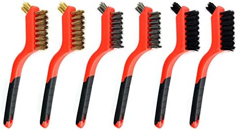Wire-Brush Steel-Brush Nylon-Brush Brass-Brush Scratch-Brush-Bristles - 6 Sets Scratch Brush with Soft Handle Grip, Removing Paint Stains, Rust, Welding Slag, Solder, Scale (Red-1)