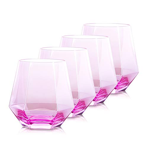 Pink Drinking Glasses Set of 4 Beasea 10 oz Whiskey Glasses Wine Glass Cocktail Glasses Diamond Whiskey Tumblers Old Fashioned Scotch Glass for Bourbon Rock Style