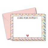 Personalized Stationery for Girls - Flat A2 Size Note Cards with Envelopes - Girls/Kids Stationary with Colorful Squares Design and a Heart