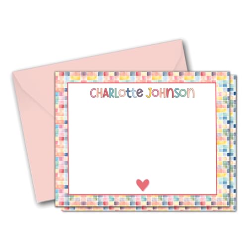 Personalized Stationery for Girls - Flat A2 Size Note Cards with Envelopes - Girls/Kids Stationary with Colorful Squares Design and a Heart