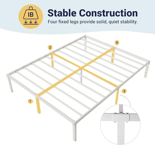 Image of Allewie Full Size Bed Frame, 14 inch Metal Platform Beds with Storage Space, No Box Spring Needed and Easy Assembly, White
