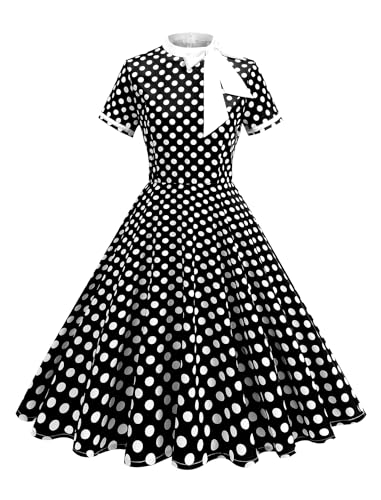 50s Style Dresses for Women Vintage Polka Dot Short Sleeve Tie Neck Swing Dress Midi Prom Retro 1950s Dress