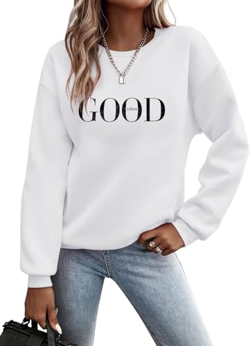 Image of ELFIN Womens Crew Neck Long Sleeve Sweatshirt Printed Good Vibes Graphic Casual Pullover Tops White