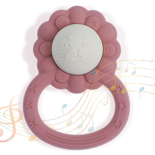 Image of Dirbabi Rattle Teether, Lion Shape Montessori Baby Sensory Teething Toys, Food Grade Silicone BPA Free, Newborn Essentials Must Haves (Shifting Sand Powder Rose)