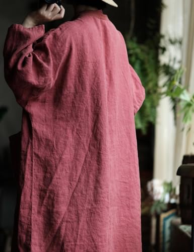 NFYM Women Loose Vintage Linen Kimono Trench Coat Applique Flower Open Front Cardigan Jacket Long Outwear with Pockets4