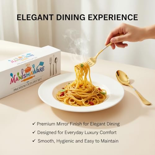 Image of Classic Gold 20 Pcs Stainless Steel Cutlery Set for Dining Table, Dishwasher Safe Glossy Flatware (Perfect Spoon Fork Set)