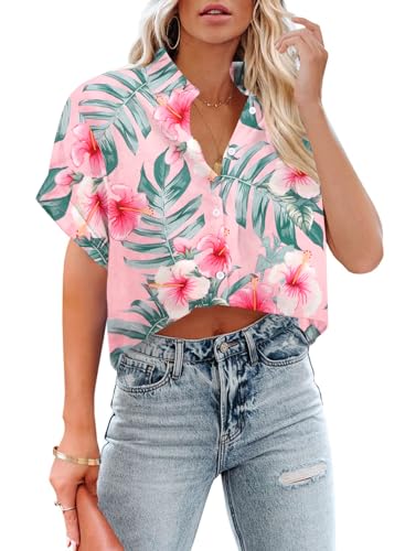 Cropped Hawaiian Shirts for Women Hawaii Tropical Button Down Tops Floral Tropic Print Summer Beach Outfits