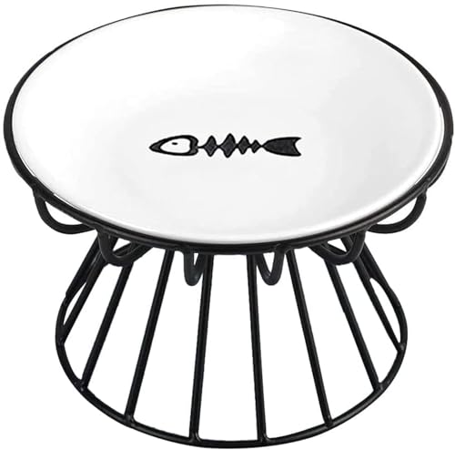 ALEYHA 2023 New Whisker-Friendly Anti-Vomit Cat Plate Elevated Bowl-Raised Ceramic Cat Bowl with Metal Stand Food & Water Anti Vomiting Shallow Ceramic Dish for Cat and Small Dogs