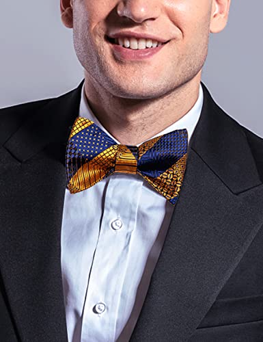 Image of DiBanGu Men Bow Tie Paisley Striped Self-Bow Tie for Men and Silk Woven Bowtie Pocket Square Cufflinks Wedding Party