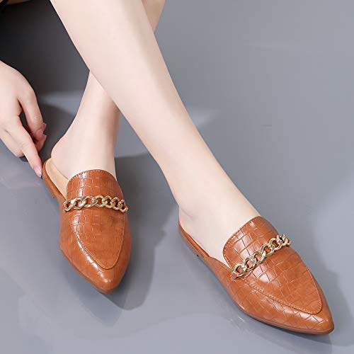 Tilocow Pointed Toe Mules For Women Fashion Brown/Cognac Buckle Flat Mules And Slides Slip On Shoes Ladies Metal Chain Decor Loafers, Medium, Size 8.5 #TOP6