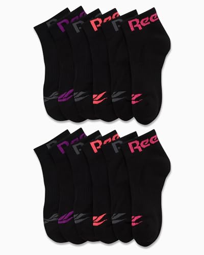Image of Reebok Womens Quarter Socks Moisture Wicking Cushioned Ankle Socks, 12 Pack | Stretch Performance Fabric, Cushioned Heel & Toe, Secure Arch Support, Quarter Cut, Shoe Size 4-10