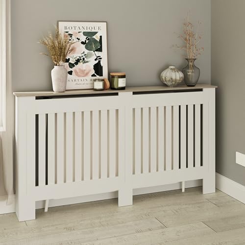 GFW Longslow Large White Radiator Cover Slatted Wood Design Top Shelf Display Living