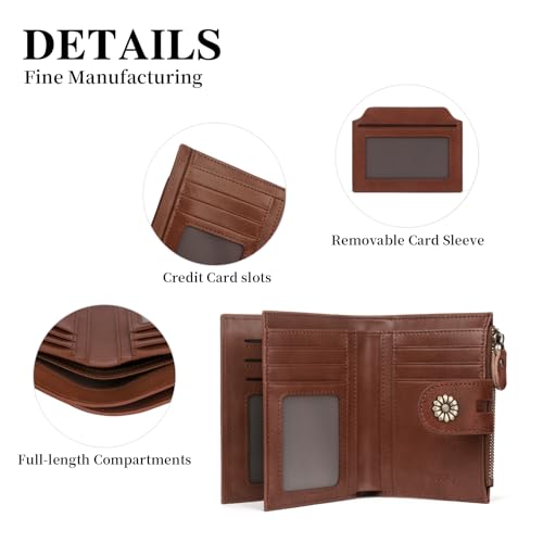 Blucoay RFID Blocking Leather Wallet for Women - Compact Bifold Card Holder with Removable ID Window in Dark Brown - Image 8