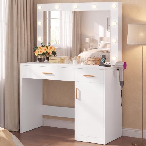 Image of Sweetcrispy 35 inch Large Vanity Desk with 11 LED Bulbs Mirror & Power Outlet