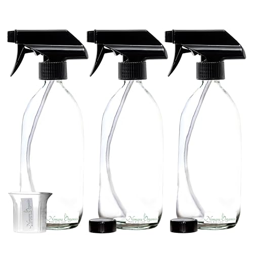 Nomara Organics Clear Glass Spray Bottles 3 x 500ml. Black trigger/Pump/Refillable/watering/organic/oil-vinegar/hair/cleaning products.