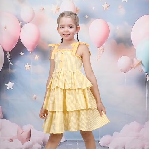 Sunny Fashion Girls Dress Spaghetti Gingham Ruffle Light Yellow Plaid Casual3