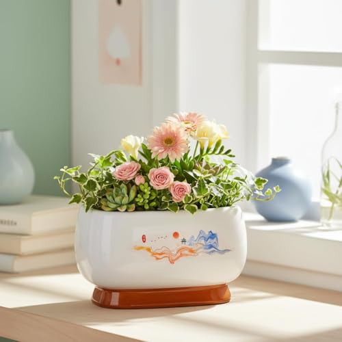 Image of Xtore Graceful Landscape Ceramic Planter Bowl for Home & Office Decor | Hand-Painted Glazed Flower Pot for Living Room, Balcony, Tabletop & Shelf Styling (Green, 19.3cm x 13cm)