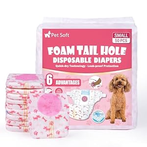 Pet Soft Dog Nappies Female, 50 Count Disposable Dog Pants Female Small, Super Absorbent Disposable Dog Diapers for Girl Dogs in Season/Heat/Incontinence with Adjustable Tail Hole (S 50Count)