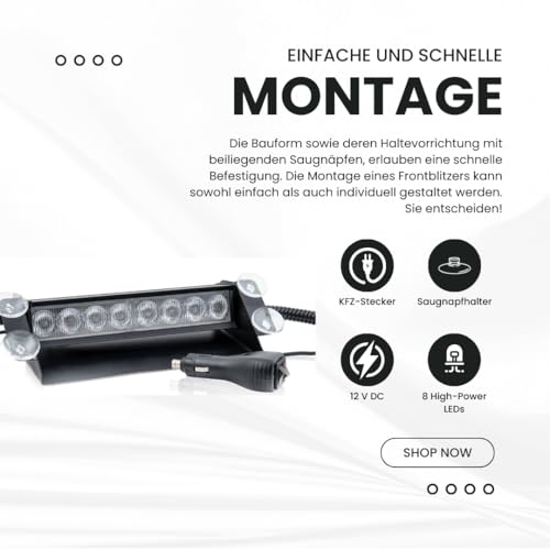 Raptors LED Technik Frontblitzer Shark 8W Scheibenblitzer für Show Cars | Scheibenblitzer 12V | Dash Light | Fake Polizei | Kennleuchte | Fake Blaulicht (Blau)