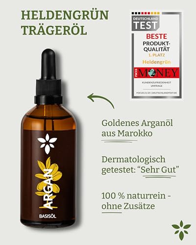 Heldengrün® Arganöl aus Marokko [100% NATURREIN] Dermatologisch getestet - Arganoel Haare für Glanz & Pflege - kaltgepresst & naturrein - Arganöl für Gesicht & Haut - 100 ml