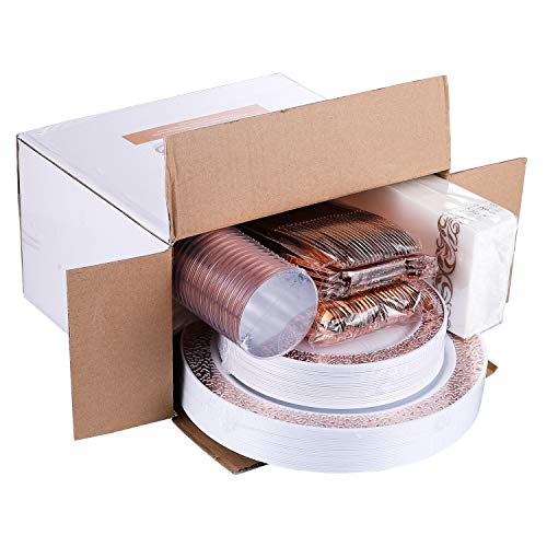 175 Piece Rose Gold Dinnerware Set 25 Guest-50 Rose Gold Lace Plastic Plates-25 Plastic Silverware-25 Plastic Cups-25 Linen Like Paper Napkins, Focusline Disposable Dinnerware Set #TOP6