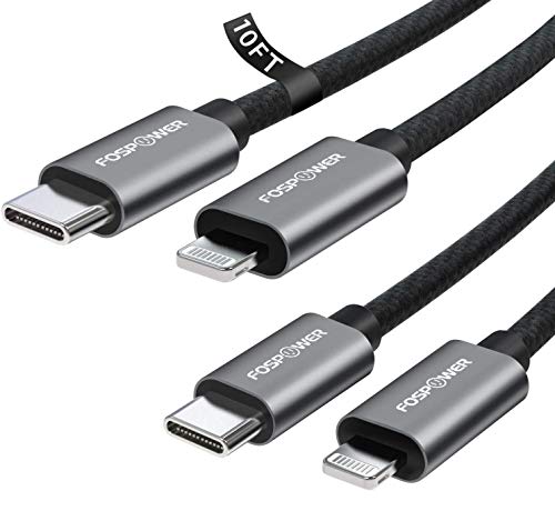 FosPower iPhone Charger (2 Pack), Apple MFi Certified Lightning to USB C Cable [Nylon Braided] Compatible with iPhone 11/11 Pro / 11 Pro Max/X/XS/XR/XS Max / 8/8 Plus - 10FT