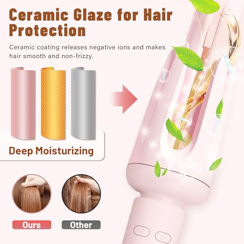 Automatic Hair Curler for Long Hair - Pink Curling Wand with 3 Temperatures, Auto Shut-Off, Anti-Scald & Anti-Tangle Features