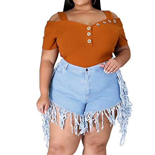 JEKE-DG Women's Plus Size Fringe Raw Hem Denim Shorts High Waisted Tassels Stretchy Hem Short Jeans Clubwear Jeans Short (4X-Large,Light Blue)
