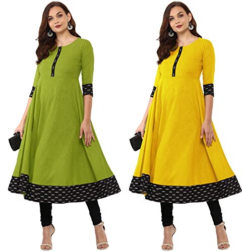 Image of NATEK Plain Cotton Daily Use Anarkali Top Kurtas for Girls Women - Combo Packs of 2 Mehandi, Yellow Colour Large Size
