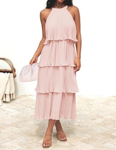 Image of ZESICA Women's 2026 Summer Sleeveless Halter Neck Ruffle Tiered Layered Chiffon Flowy Swing Long Midi Dress