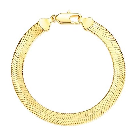 Wowshow Real Gold Plated Snake Chain Bracelet 7MM Flat Herringbone Chain Link Bracelet for Women Cover