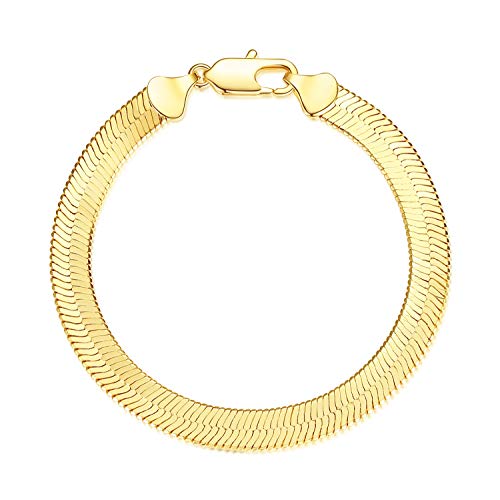 Wowshow Real Gold Plated Snake Chain Bracelet Flat Herringbone Chain Link Bracelet for Women 7INCH 4.5MM 7MM