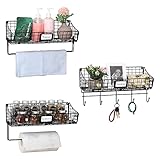 X-cosrack Wall Mounted Bin Basket with Hook Towel Bar Paper Rack 3 Pack-Floating Shelves with Tag Slot Hanging Shelf,Rustic Farmhouse Decor,Slim Storage Organization for Pantry Kitchen Bathroom