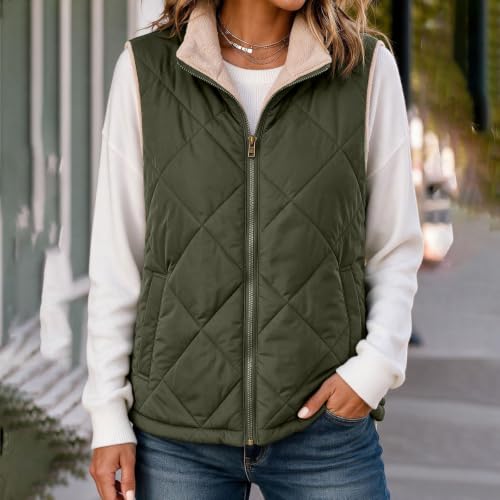 Fall Jackets For Women Puffer vest women Full Zip Quilted Fleece Padded Sleeveless jacket loose casual fall winter warm trendy outfits Coat Army Green L - image 5