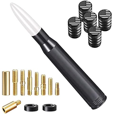Car Truck Bullet Antenna with Valve Stem Caps, Universal Antenna Mast for GM Chevy Silverado 1500 2500 3500 HD Avalanche Ford F150 F250 F350 Heavy Duty Pickup AM/FM Radio Jeep Accessories (Silver) Cover